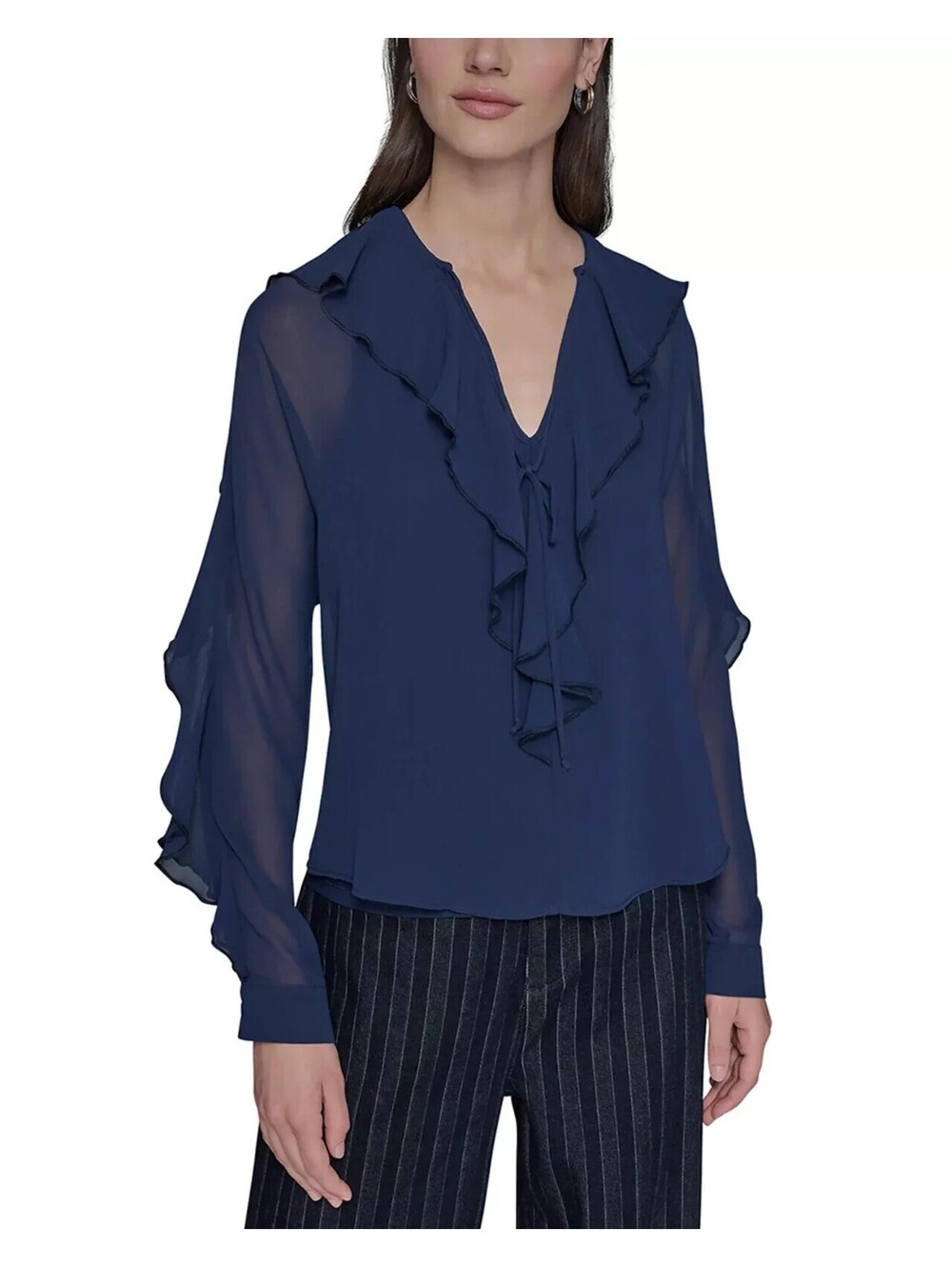 KARL LAGERFELD PARIS Womens Keyhole Ruffle Blouse Naval Academy S
